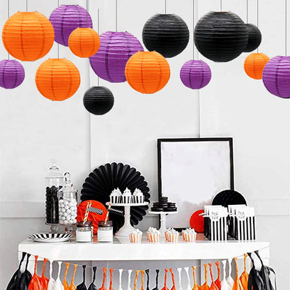 Halloween Paper Lanterns DecorativeRound Chinese Paper Lanterns Decorative 14pcs Wedding Birthday Party Valentine's Day Baby Showers Black and Orange Purple