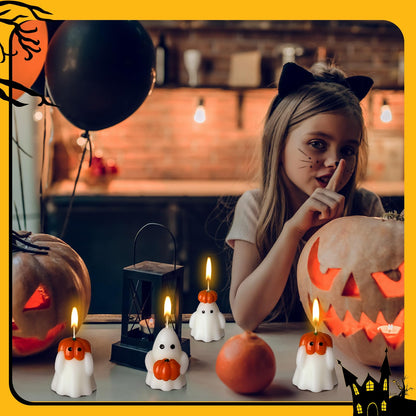 Tondiamo 4 Pcs Halloween Ghost Candle Large Pumpkin Spooky Ghost Shaped Candles Tea Lights Goth Gifts for Halloween Party Favor Table Decoration(White,Orange,Classic Style)