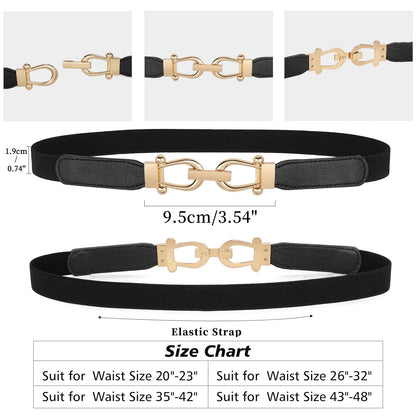 JASGOOD Women Skinny Elastic Stretch Belts for Dresses Retro Ladies Waist Gold Buckle Thin Belts 3 Pack, Brown+Black+Beige
