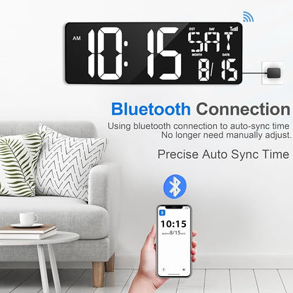 XREXS 17.2" Digital Wall Clock with Remote Control, Bluetooth Sync Time LED Digital Clock for Living Room Decor, Auto DST, Temperature for Living Room, Gift for Elderly and Teens