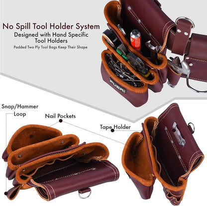FUERI Leather Tool Belt 17 Pocket Pouches Bags Men Suspenders Holder Organizer for Carpenter Construction Electrician - Maroon