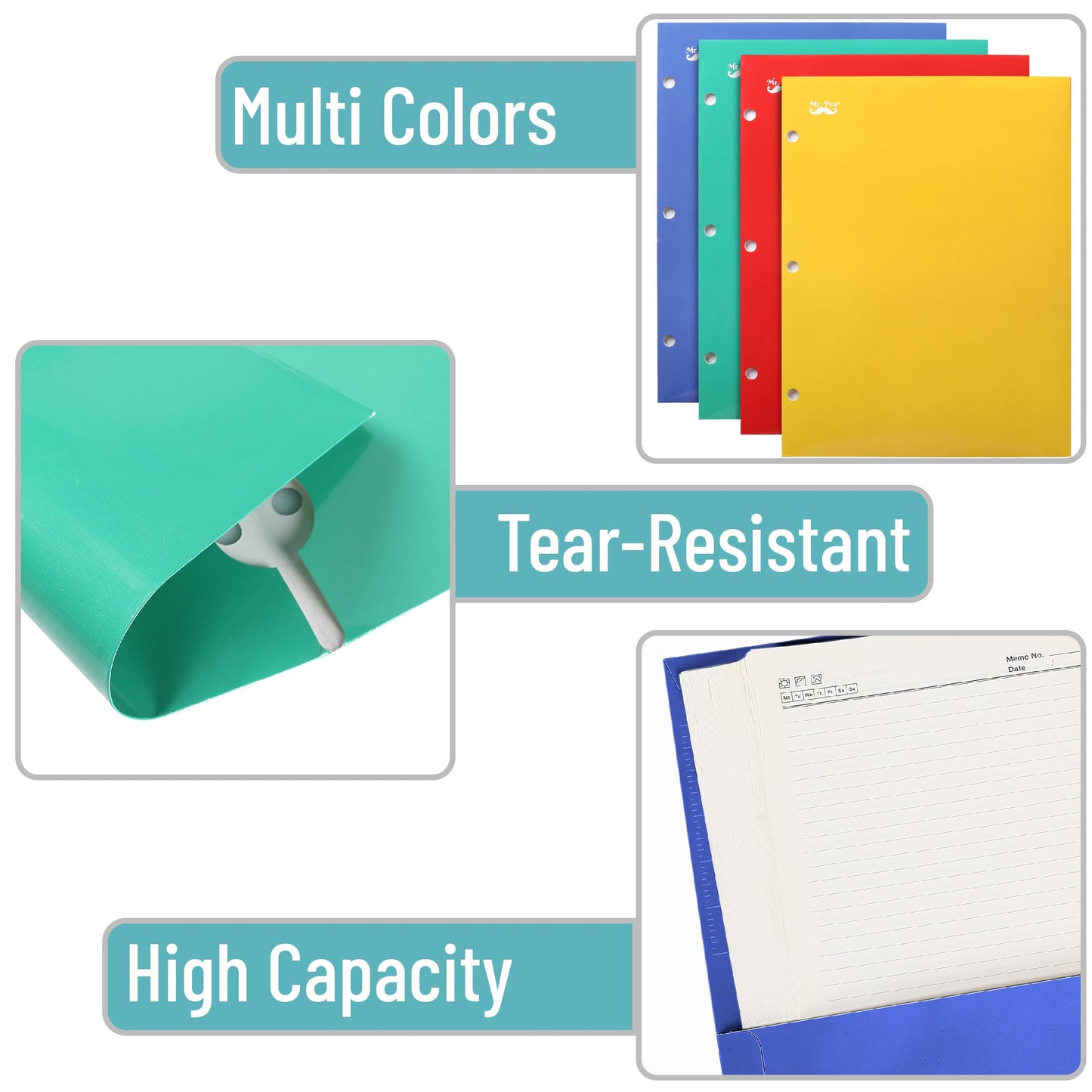 Mr. Pen- 4-Pocket Folders, 4 Pack, 12.5" x 9.5", Vibrant Colors, Tear-Resistant Paper Folders with Pockets 3 Holes Punched, High Capacity, Includes Rulers and Conversion Charts for Binder Organization