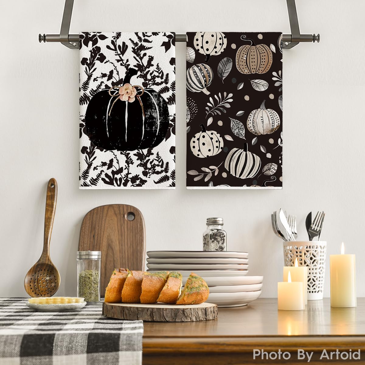 Artoid Mode Black Polka Dot Pumpkin Fall Kitchen Towels Dish Towels, 18x26 Inch Farmhouse Leaves Autumn Decoration Hand Towels Set of 2