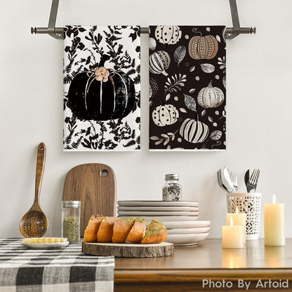 Artoid Mode Black Polka Dot Pumpkin Fall Kitchen Towels Dish Towels, 18x26 Inch Farmhouse Leaves Autumn Decoration Hand Towels Set of 2
