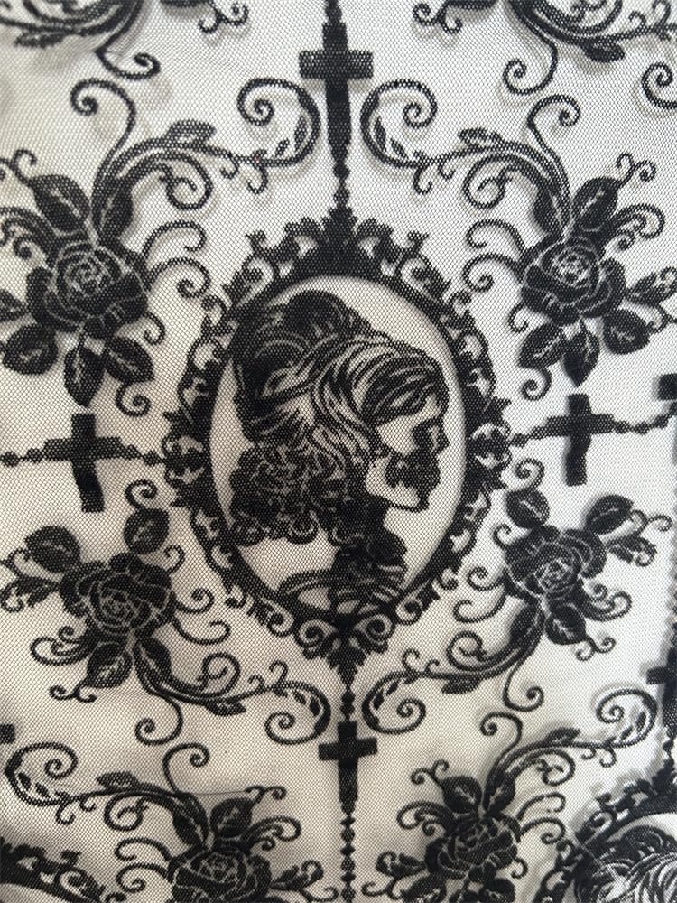 55 Inch Lace Fabric Soft Black Skull Lace Fabric Cross Floral Tulle Fabric for DIY Dress Top Dress Sew,Party Overlay,Curtains,Tablecloth,Halloween Decor (Black (1 Yard))
