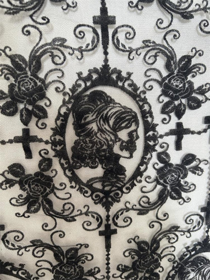 55 Inch Lace Fabric Soft Black Skull Lace Fabric Cross Floral Tulle Fabric for DIY Dress Top Dress Sew,Party Overlay,Curtains,Tablecloth,Halloween Decor (Black (1 Yard))