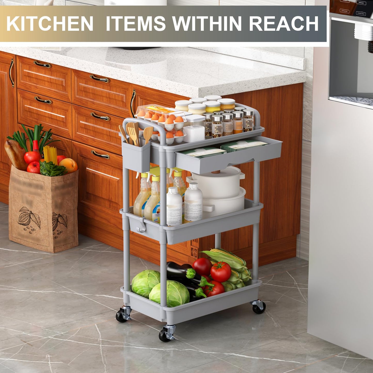 Goovilla 3 Tier Rolling Utility Cart Organizer with Removable Drawer, Stable and Sturdy Black Rolling Storage Carts with 2 Lockable Wheels for Bathroom, Kitchen, Snack, Craft, Makeup, Baby Essentials