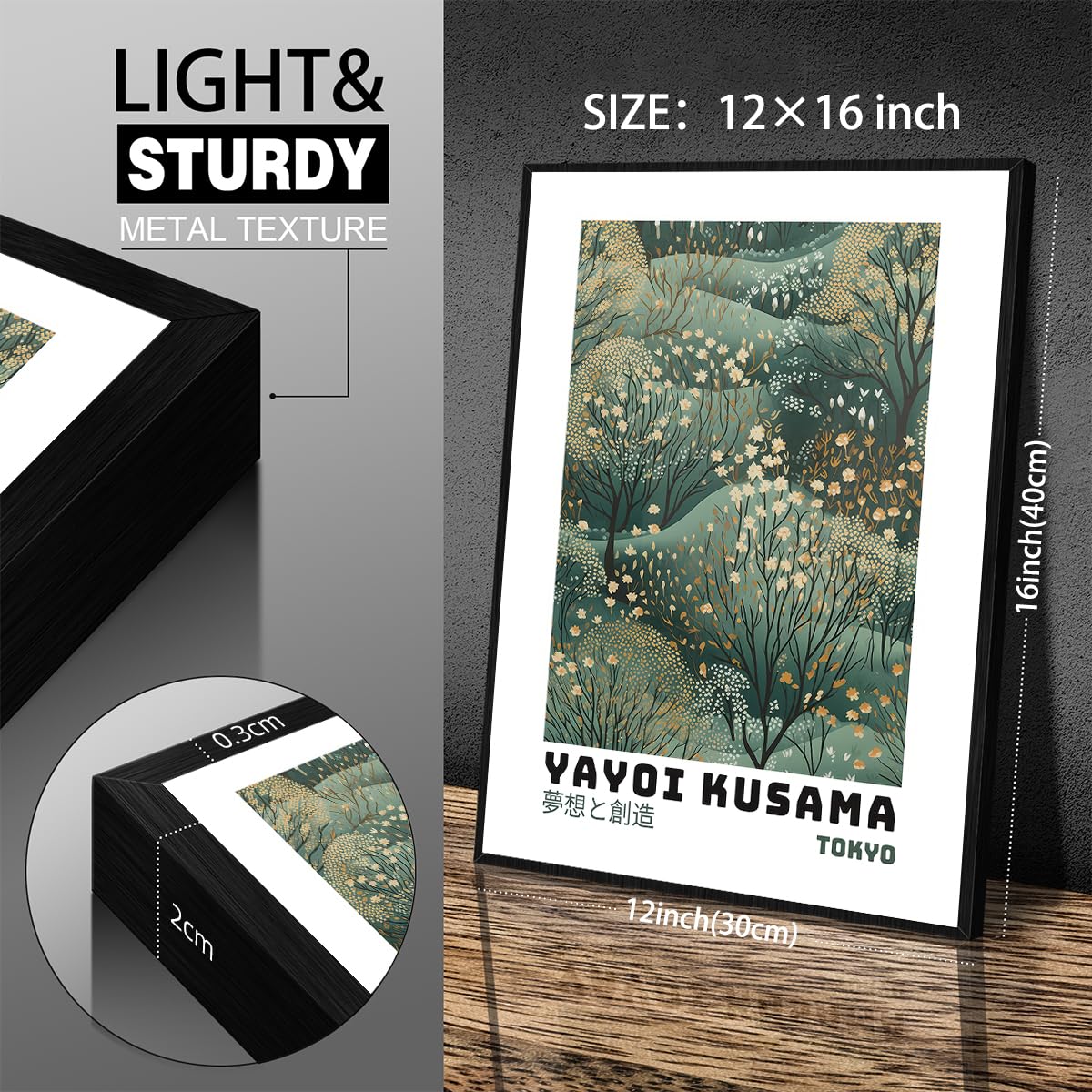 Yayoi Kusama Inspired Poster Japanese Botanical Wall Art Abstract Yayoi Kusama Print Modern Ukiyo-e Japanese Gallery Wall Decor 12x16in Black Framed for Home Bedroom Decorations