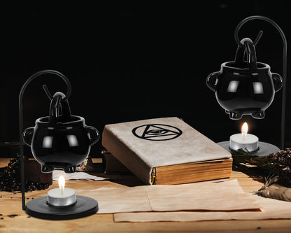 2 Pcs Hanging Pagan Cauldron Oil Burner, Cauldron Wax Warmer Diffuser with Handle 10 Pcs White Tea Lights Candles Witch Decor for Home Wax Melts Christmas Gothic
