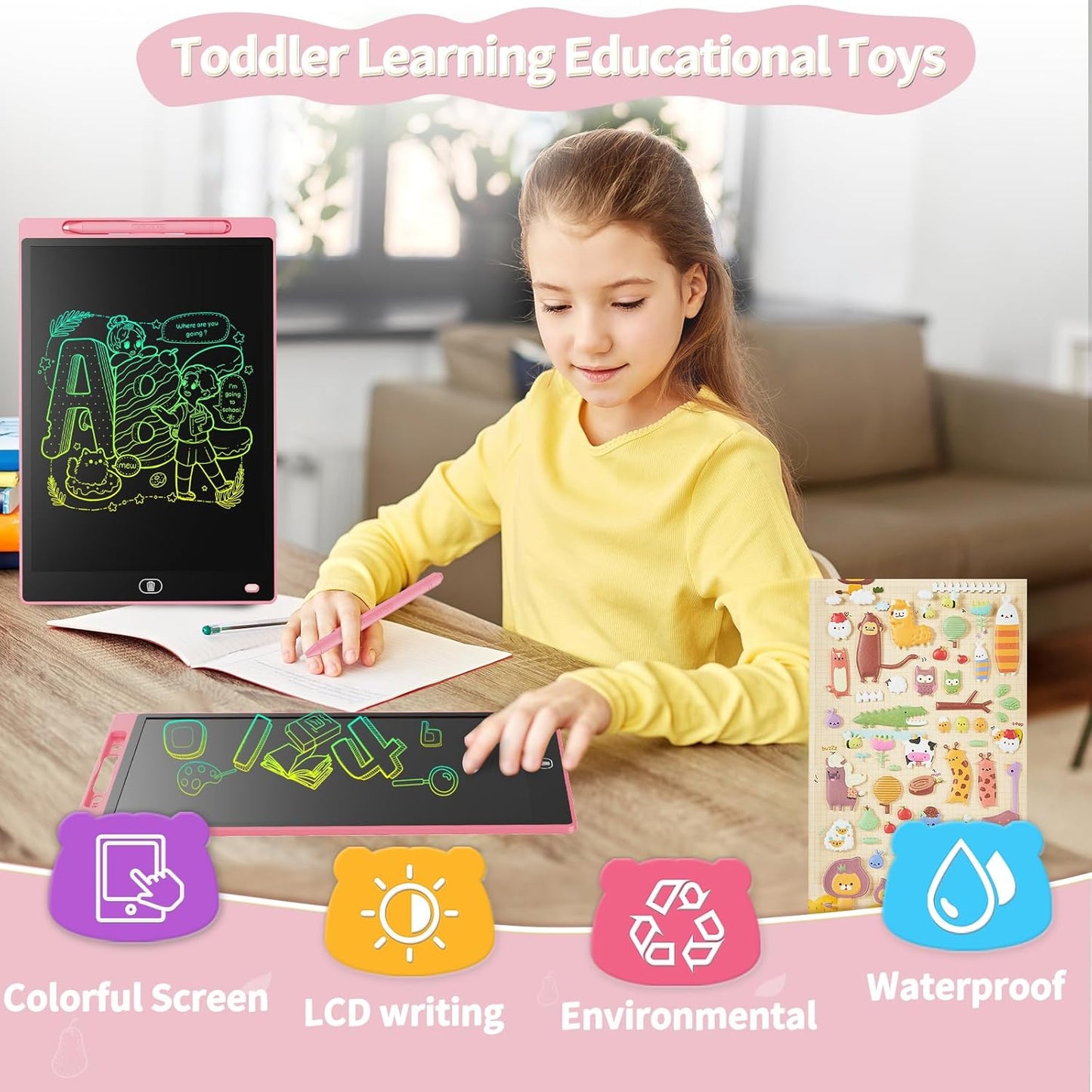 LCD Writing Board 16 Inches, Colourful Electronic Tablet, Portable Erasable Drawing Board, Graphic Tablet for Children's Games 3 4 5 6 7 Year Old Kid Boys Girls (Pink)