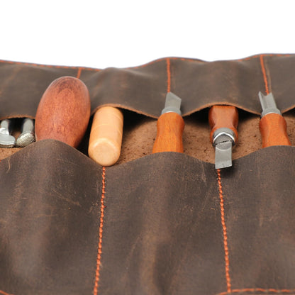 Tourbon Full Leather Knife Roll Carving Tool Organizer Craft Carrier Storage Bag Case with 10 Slots