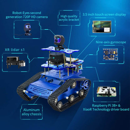 XiaoR Geek AI Robot Kit with Raspberry Pi XR lidar s1 ROS SLAM Smart Car DIY Tank Robotics Kit Build Maps, Autonomous Navigation, Object Recognition Tracking, Following(Blue with Raspberry Pi 4B 4GB)