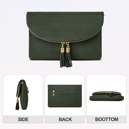Solene Women's Envelop Clutch Crossbody Bag With Tassels Accent (WU075-Olive)