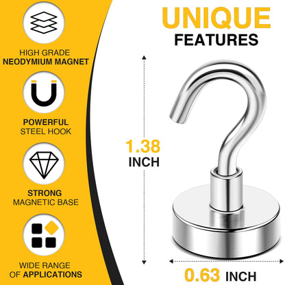 DIYMAG Magnetic Hooks for Refrigerator, Extra Strong Cruise Hook, Heavy Duty Earth Magnets with Hook for Hanging, Magnetic Hanger for Cabins, Grill (45P-Silver)