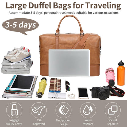 Faux Leather Weekender Bags for Women: Large Overnight Bags Travel Duffel Carry On Weekend Tote with Shoe & Laptop Compartment for Airplane Traveling Gym, Brown