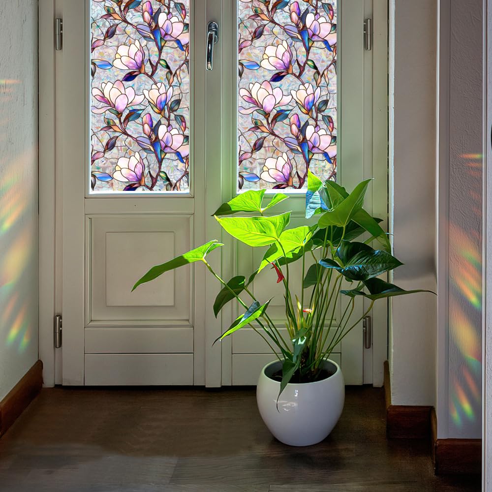 Flower Stained Glass Window Film Decorative Static Cling Stickers Sun Blocking Rainbow Privacy Decals for Home Car Purple Magnolia