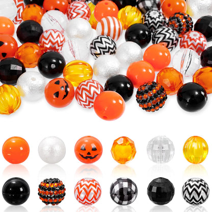 Whaline 50Pcs 20mm Halloween Beads Mixed Bubblegum Beads Set Jack-O-Lantern Spacer Bead Black Orange Chunky Jumbo Plastic Bead for Holiday Crafts Jewelry Making Boutique Craft Supplies