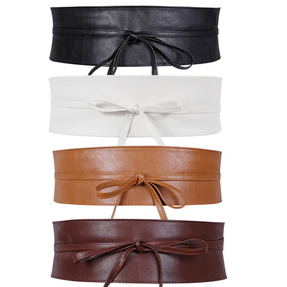 4 Pack WERFORU Women Obi Belt PU Leather Self Tie Wrap Wide Waistband Boho Belt for Costumes, Black+White+Brown+Coffee, Suit for Waist Size 25"-32"
