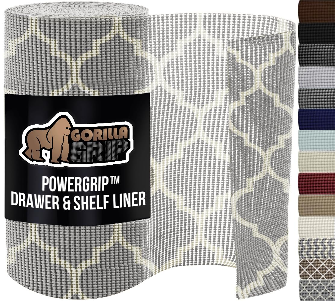 GORILLA GRIP powerGRIP Drawer Shelf and Cabinet Liner, Thick Strong Hold, Non-Adhesive Liners Protect Kitchen Cabinets and Cupboard, Bathroom Drawers, Easy Install, Breathable Mat, 12" x10', Beige