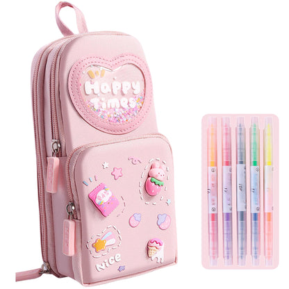 UINSUE Mini Backpack Pencil Case Art Marker Storage Canvas Makeup Pocket Small Gadget Bag Organizer Random Free of Highlighters (Cherry Pink)