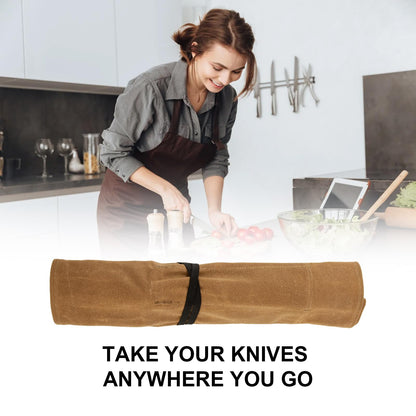 Knife Roll,Waxed Canvas Knife Bag,Heavy Duty Knife Case,Chef Knife Bag Roll with 8 Slots for Knives and Kitchen Tools,Knife Roll Bag For Chefs Culinary Traveling,Knives Pouch Holder Wrap (Khaki)