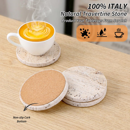 Giloaou Travertine Coasters Set of 4, Marble Absorbent Coaster with Non-Slip Cork Backing, 4'' Round Stone Drink Coasters for Home & Office - Protect Tables from Stains & Scratches