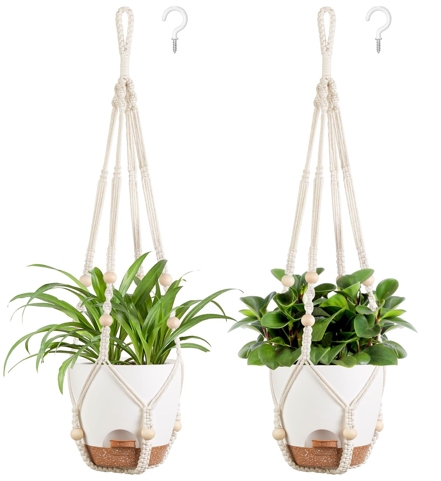 Mkono 6.5 Inch Hanging Planters, Macrame Plant Hangers with Self Watering Plant Pots Indoor Set of 2 Hanging Baskets Flower Pot Holders with Hooks No Tassels for Boho Home Decor, Ivory