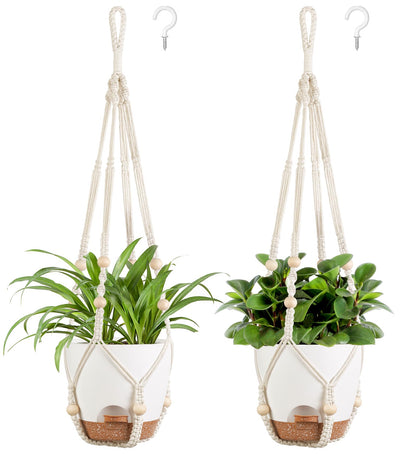 Mkono 6.5 Inch Hanging Planters, Macrame Plant Hangers with Self Watering Plant Pots Indoor Set of 2 Hanging Baskets Flower Pot Holders with Hooks No Tassels for Boho Home Decor, Ivory