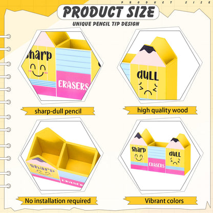 Eaasty Pencil Shaped and Sharp Dull Holder Eraser Wooden Dispenser Pencil Storage 3 Compartments for Back to School Teachers Classroom Organization(1 Pack,Yellow Face)