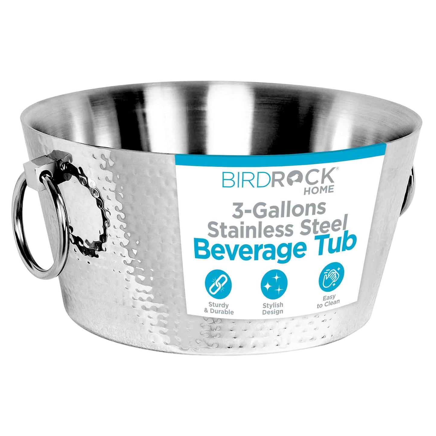 BIRDROCK HOME Hammered Stainless Steel Round Beverage Tub with Handles - Double Wall Insulated 3 Gallons - Metal Drink Cooler & Ice Bucket for Parties - Outdoor Aluminum Holder for Bottles & Soda