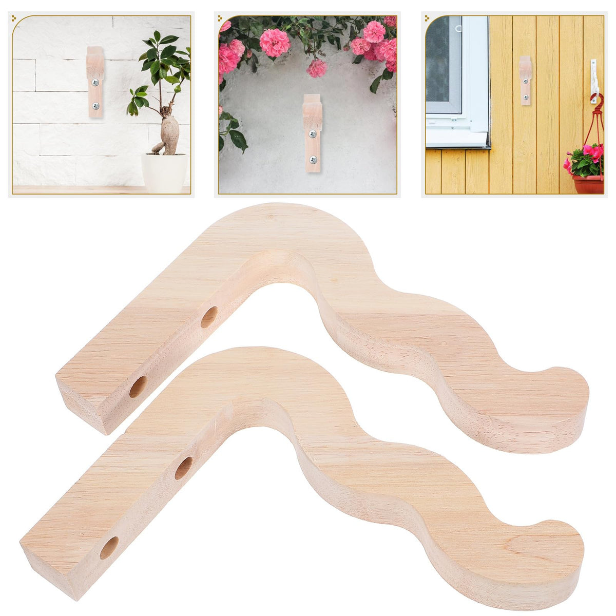 Yardenfun 2pcs Wall-Mounted Plant Hanger Hooks, Outdoor and Indoor Wooden Flowerpot Brackets for Hanging Planter Baskets, Wind Chimes, Lanterns, Garden and Patio Decor