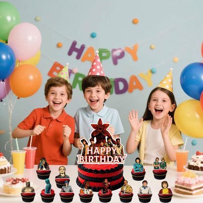 25 Pcs TV Series Character Happy Birthday Cake Toppers, Horror Theme Cake Topper, Includes 1 Happy Birthday Topper and 24 Dessert Decorations.