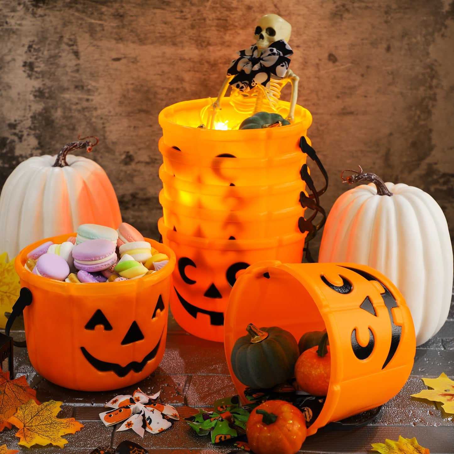 Jenaai 12 Halloween Trick or Treat Buckets Halloween Pumpkin Buckets Halloween Party Favors Pumpkin Face Candy Basket Plastic Pail Candy Bowl Holder with Handle or Party Decoration (Orange)