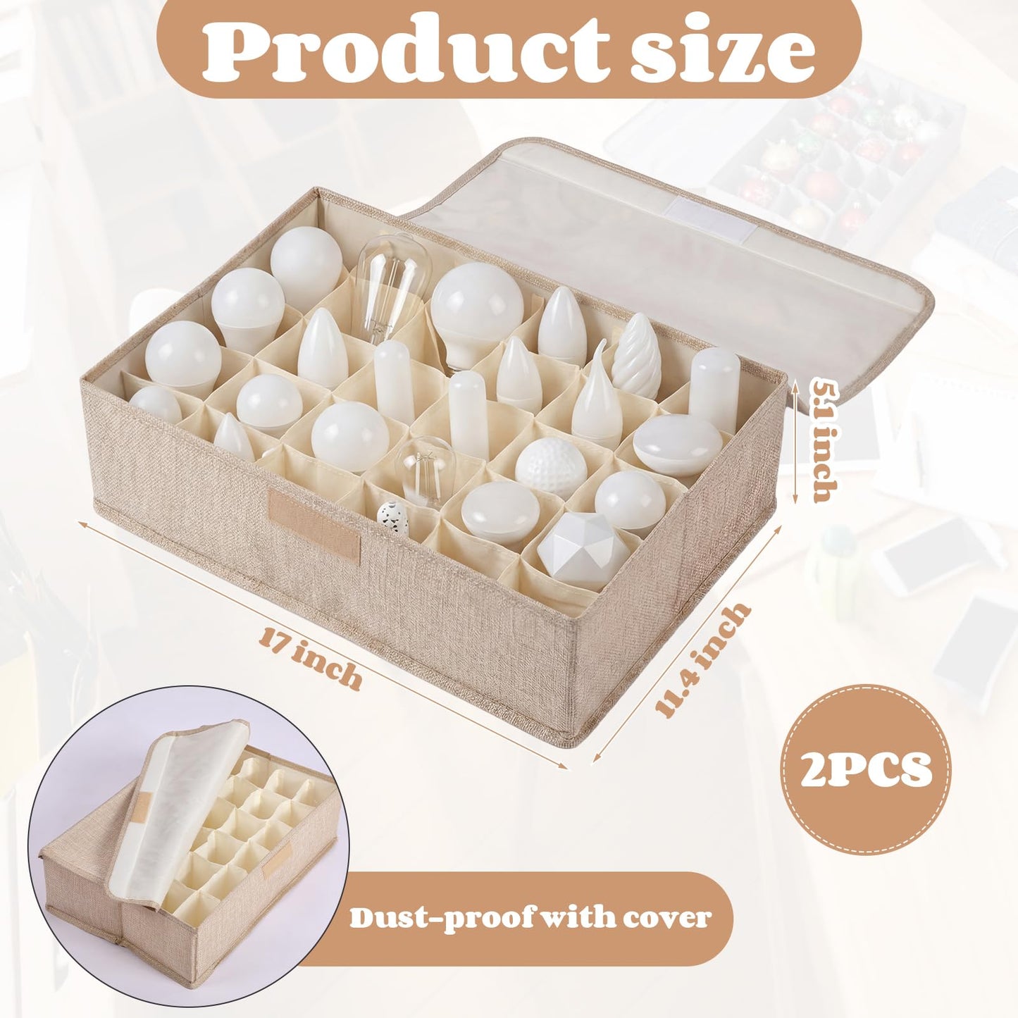 Acellegic 2 Pcs Light Bulb Organizer Storage Box Ornament Storage with 30 Dividers Foldable Bulbs Organizer with Lid Sturdy PP Board Fits Various Standard Dustproof Fabric Case for Home Vbs (Beige)