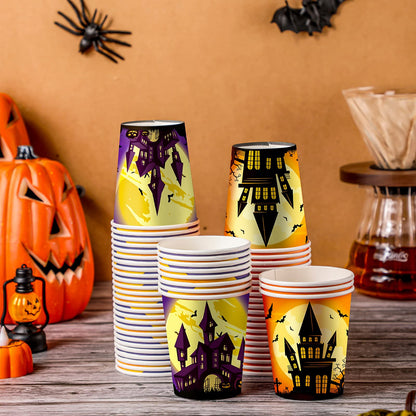 Rtteri 100 Pcs Halloween Disposable Paper Cups 9 oz Disposable Pumpkins Castle Cups for Adults Hot Cold Beverage Juice Snack and Drink Cup Coffee Cups Decoration Supplies for Halloween