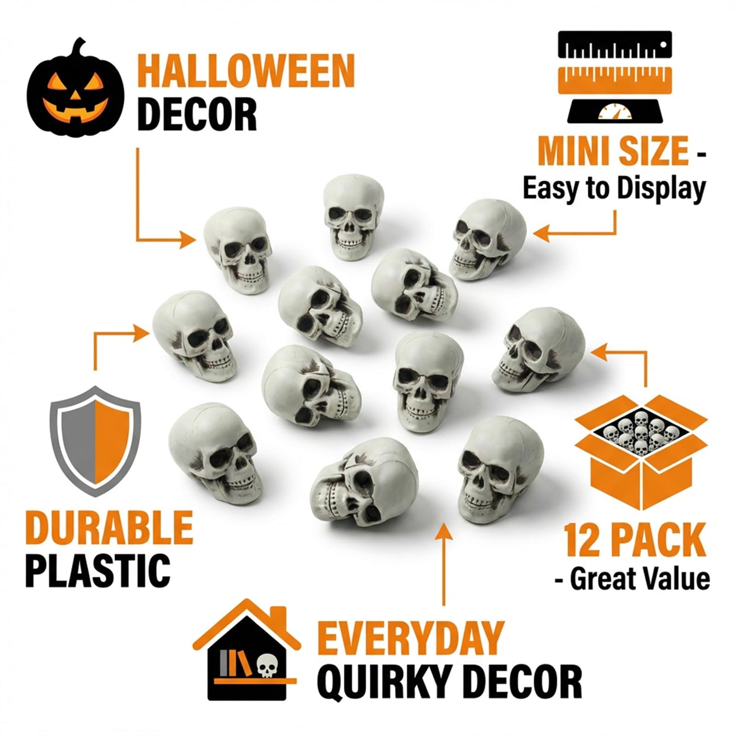 12 PCS Mini Skull Heads, 2 Inch Realistic Plastic Skeleton Skulls for Halloween Decor, Gothic Home Decor, Haunted House Props, DIY Crafts & Party Table Decor