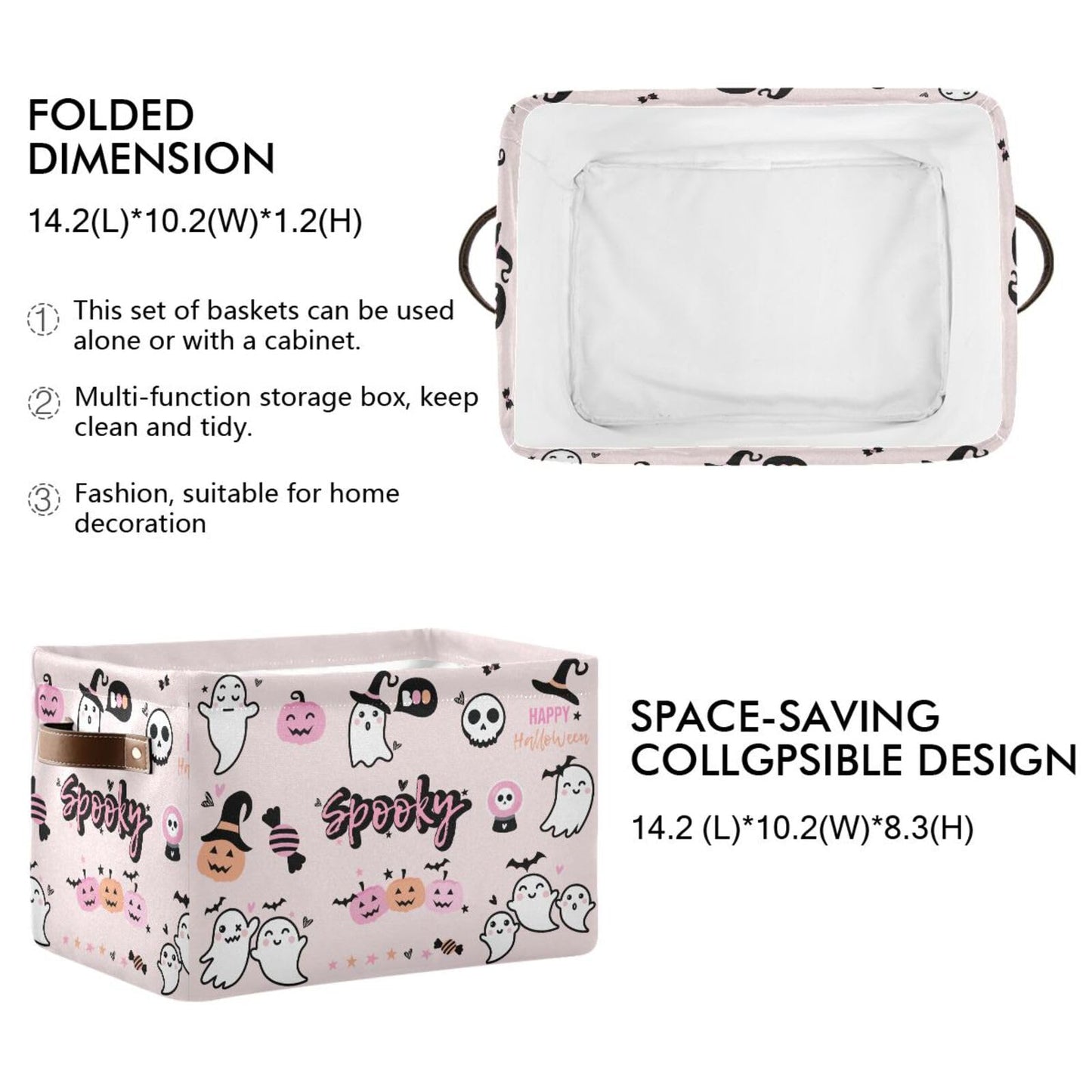 Sletend Foldable Canvas Storage Basket with Handles Halloween Cartoon Ghost Durable Storage Bin Organizer for Nursery Kids Shelves Desks Printed Canvas Storage Basket