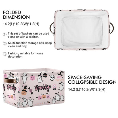 Sletend Foldable Canvas Storage Basket with Handles Halloween Cartoon Ghost Durable Storage Bin Organizer for Nursery Kids Shelves Desks Printed Canvas Storage Basket