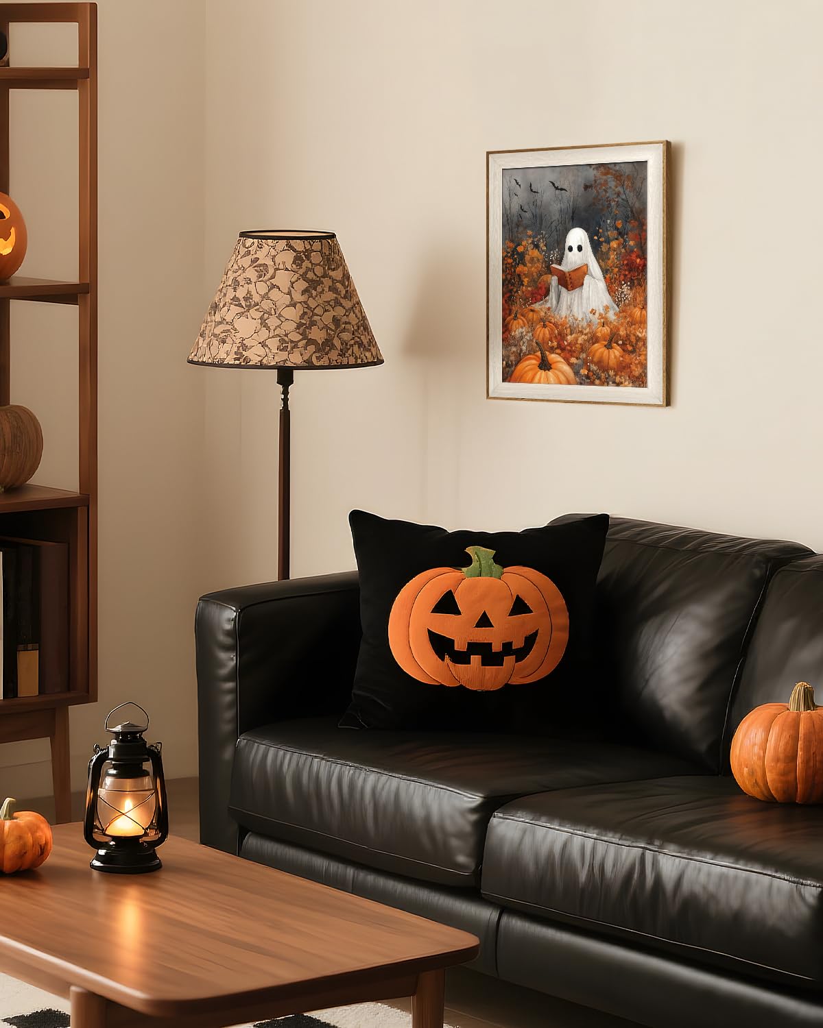 VIYYIEA Framed Wall Art for Living Room, Reading Ghost Canvas Prints, Autumn Home Decor, Halloween Painting Picture, Bathroom Wall Decor Gifts for Friends or Family -【Reading Ghost】-(16L x 12W)