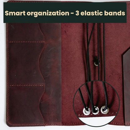 TORAKIP Genuine Leather A5 Notebook Cover – Refillable Journal Case with 3 Elastic Bands, Pen Holder & Inner Pockets, Fits Standard A5 Inserts 5.8 x 8.3 inch (Paper Not Included), Burgundy