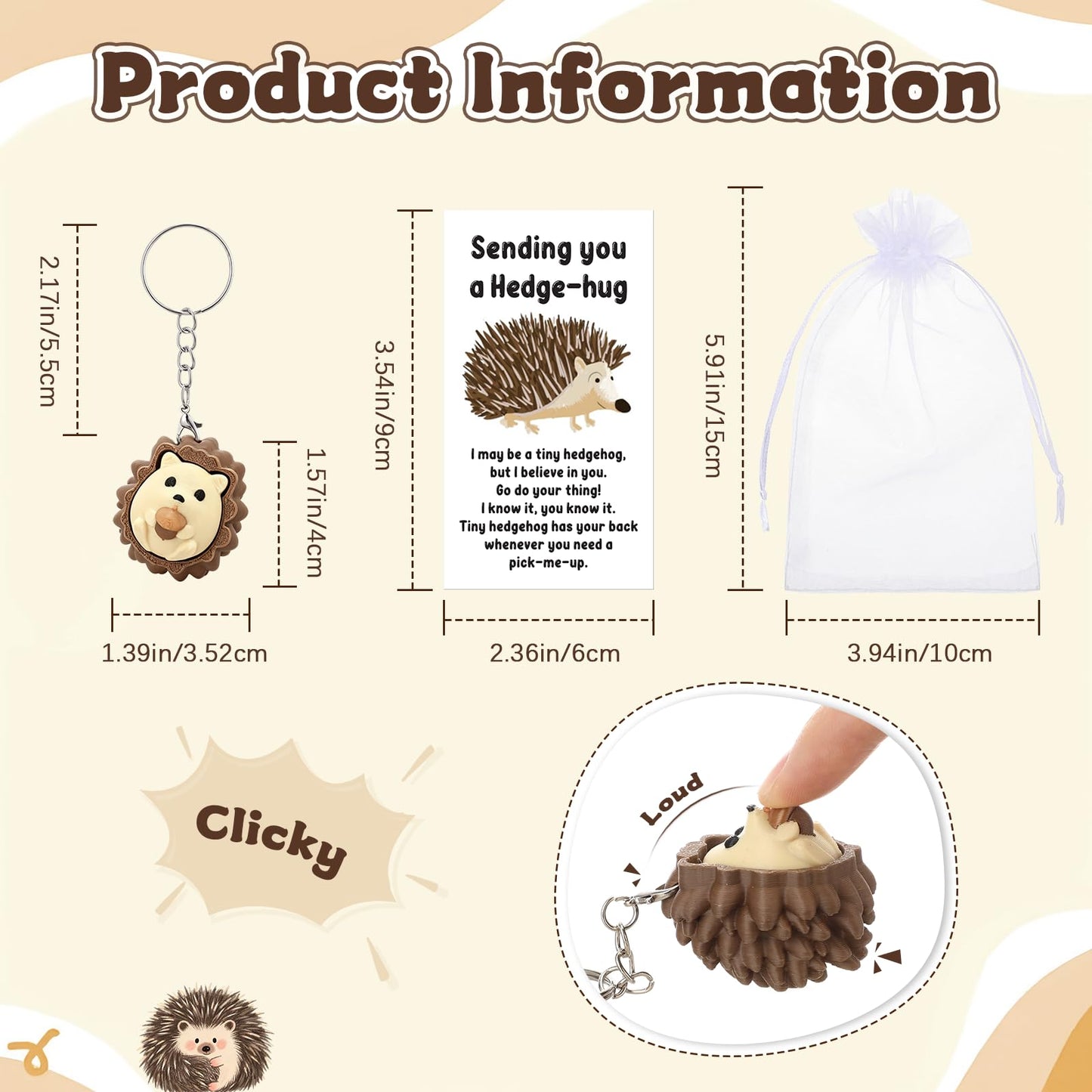 Gerrii 24 Sets 3D Hedgehog Fidget Keychains with Inspirational Cards Bulk 3D Hedgehog Press Stress Relief Sensory Keychain Gifts Employee Appreciation Positive Gifts for Coworkers Teacher