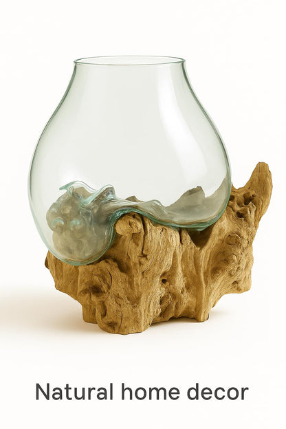 OMA Hand Blown Molten Glass on Driftwood Terrarium Vase or Planter – Recycled Glass & Natural Wood for Coastal & Boho Home Décor (12"–14" High)
