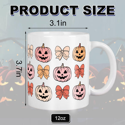 JarThenaAMCS Halloween Mug Retro Pumpkin Bow Coffee Mug Orange Pink Groovy Ceramic Drinking Cup for Halloween Fall Party Supplies Table Centerpieces, 12 Oz