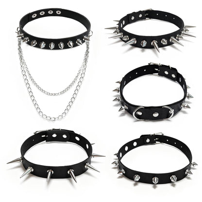 Qoncosy 5 Pcs Goth spiked choker Necklace Set, Spiked Choker with Heart and Paw Studs, Gothic Cat Collar, Adjustable PU Leather Collar for Women, Gothic Punk Rock Accessories for Concerts Halloween Cosplay (Gothic4)
