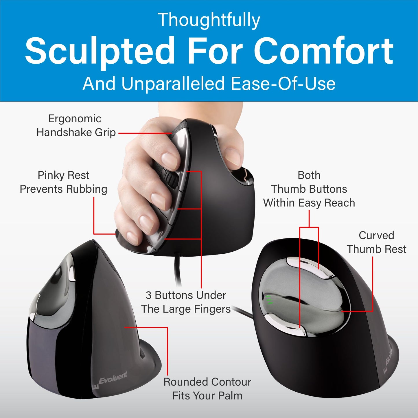 Evoluent – Inventor of The Vertical Mouse – VMDMW Ergonomic Vertical Mouse Right Hand Med USB Wireless, Sculpted for Comfort, Reduces Wrist Strain, 4 Speeds, 6 Customizable Buttons in Windows