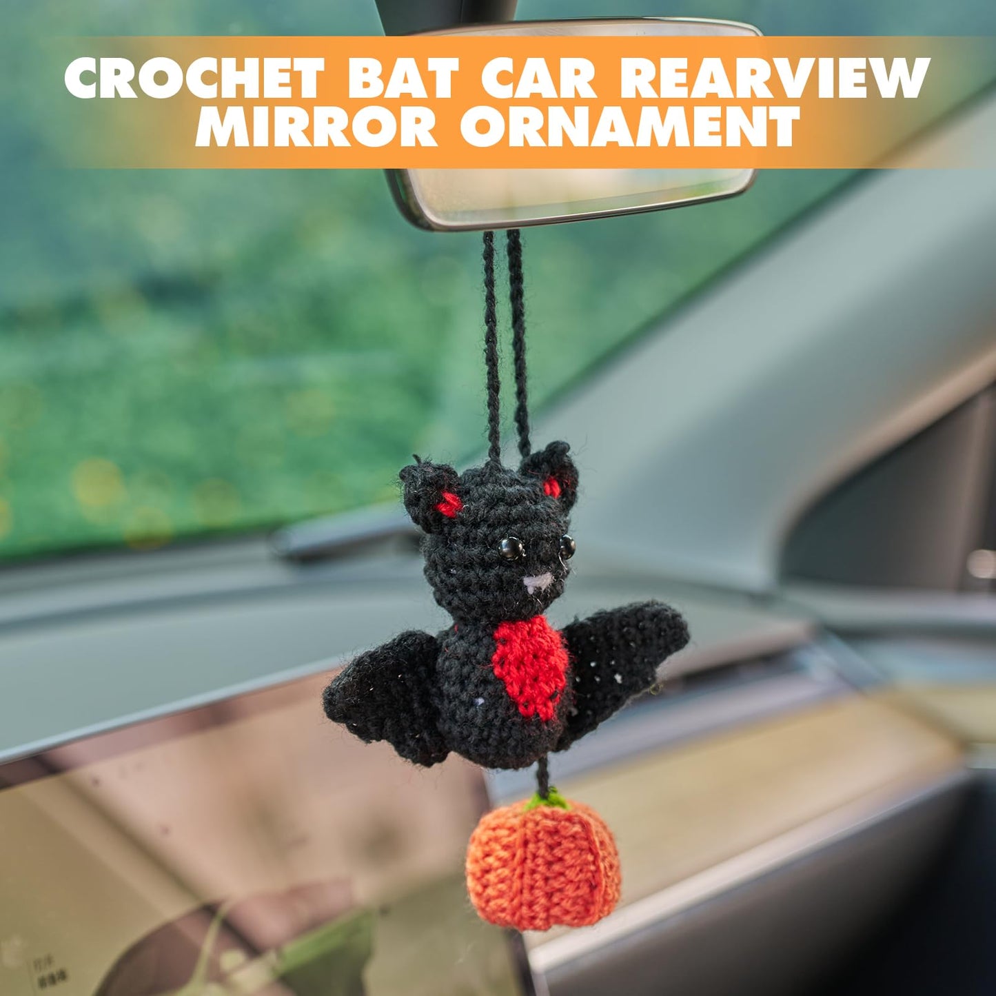 Rislobx Crochet Bat and Pumpkin Car Rearview Mirror Hanging, Knitted Cute Halloween Bat Car Charm Ornament, Handmade Pendant Mirror Decor Auto Interior Accessories (Pumpkin)