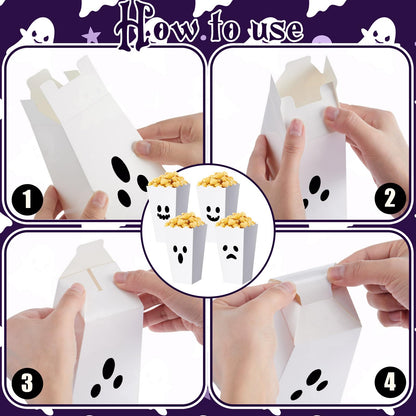 Mimorou 24 Pcs Halloween Popcorn Boxes Bulk Trick or Treat Snack Boxes Ghost Theme Paper Candy Cookie Biscuits Container Halloween Party Supplies for Party Decorations