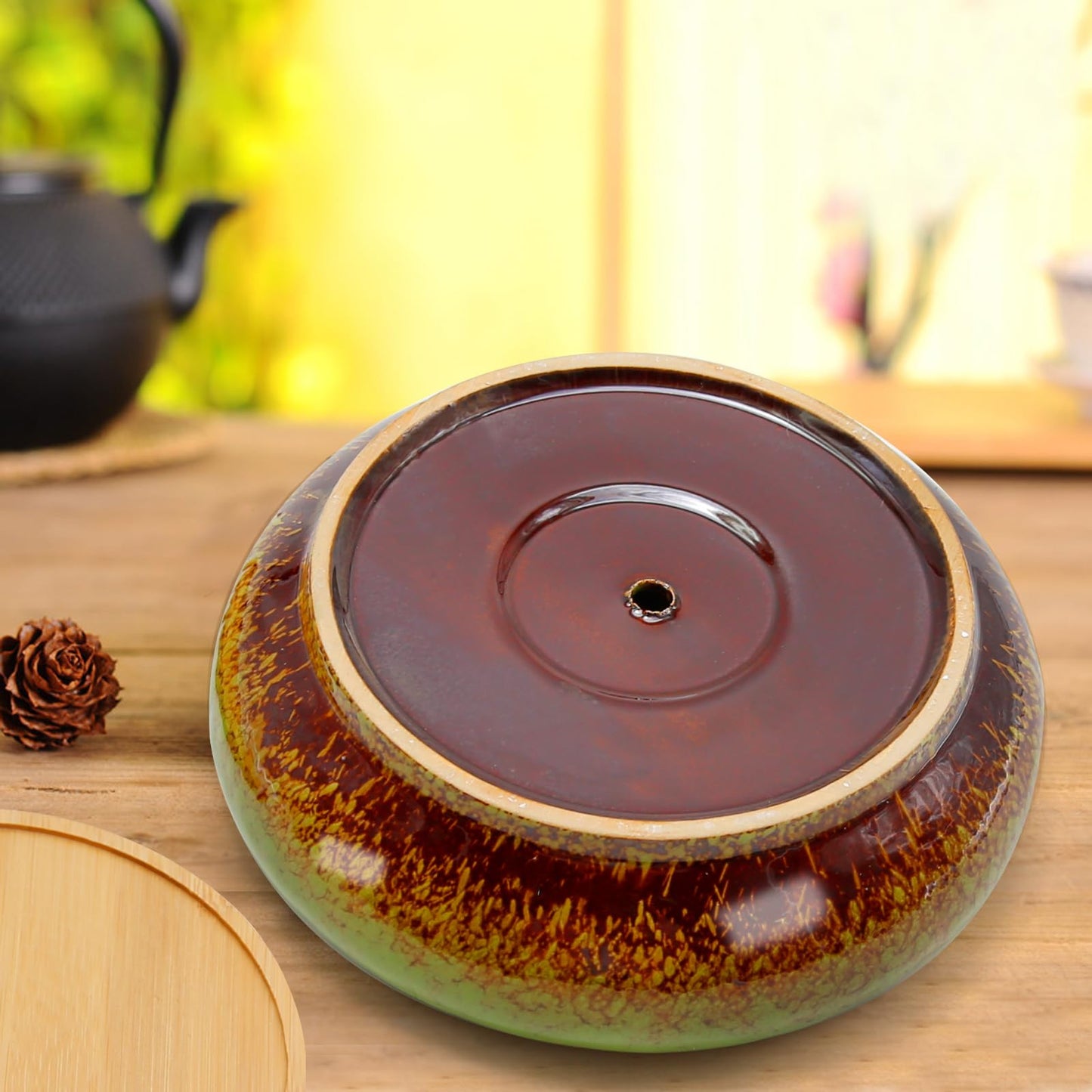 MDEOOSKY 6.14inch Round Pot with Dragon Hole, Ceramic Shallow Plant Pot Succulent Pots 18.5 * 5.8cm with Bamboo Mat