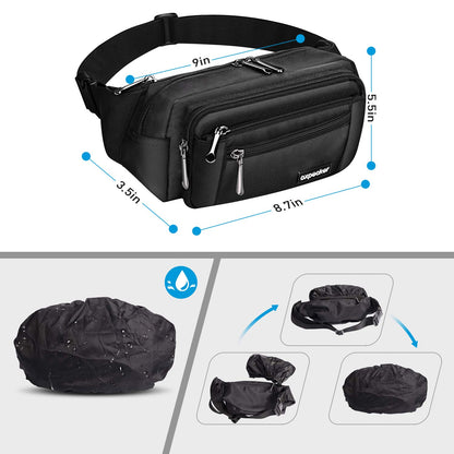 Oxpecker Waist Pack Bag with Rain Cover, Waterproof Fanny Pack for Men&Women, Workout Traveling Casual Running Hiking Cycling, Hip Bum Bag (black)