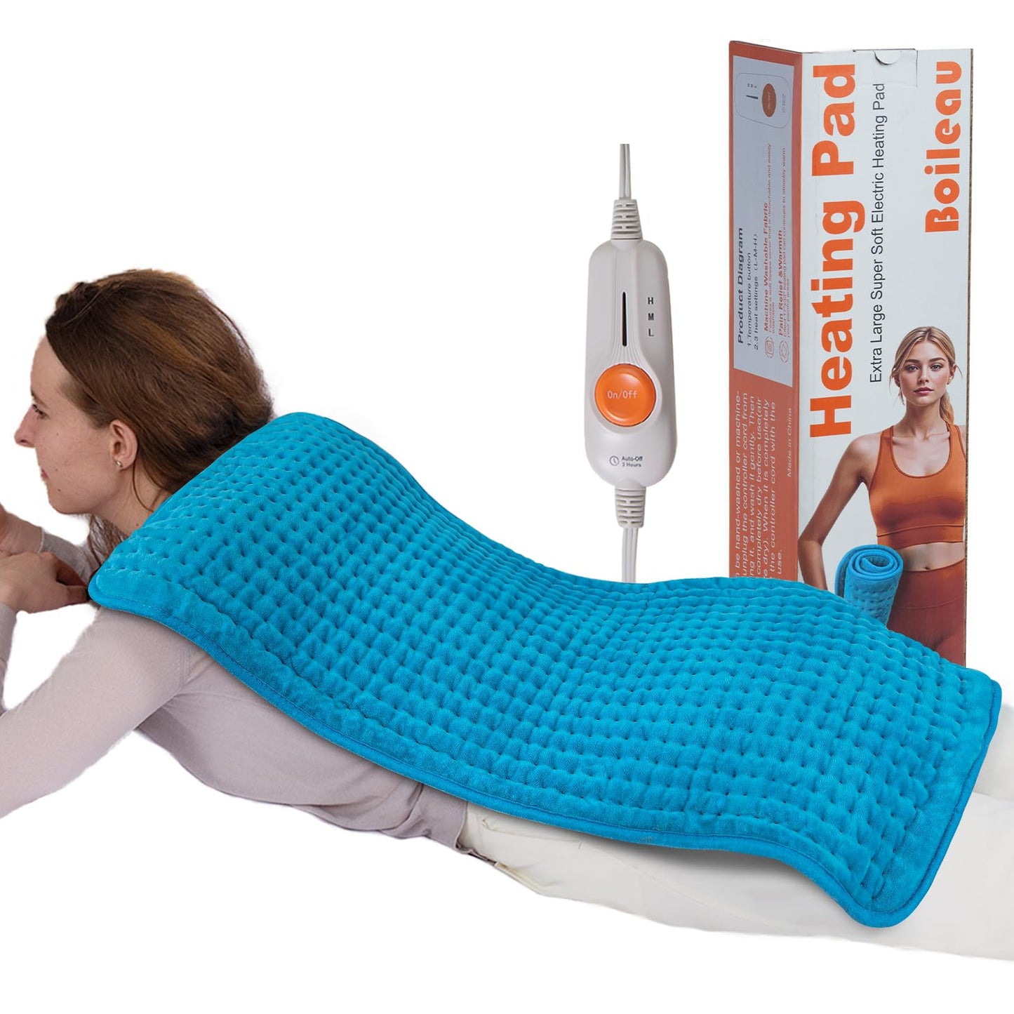 Boileau Electric Heating Pad for Back Pain and Period Cramps Relief, 17"x33" Extra Large XXXL, 3 Heating Levels Heat Pad with 2-Hour Auto Shut Off, Gifts for Women and Mom, Blue